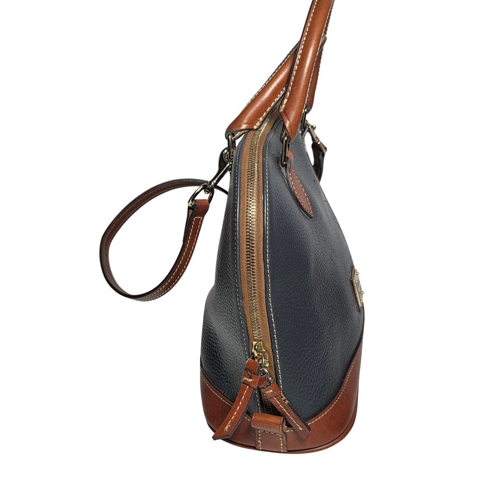 Dooney & Bourke Zip Zip Satchel‎ Navy Blue Pebbled Leather Tan Trim Dome Bag - Picture 3 of 13